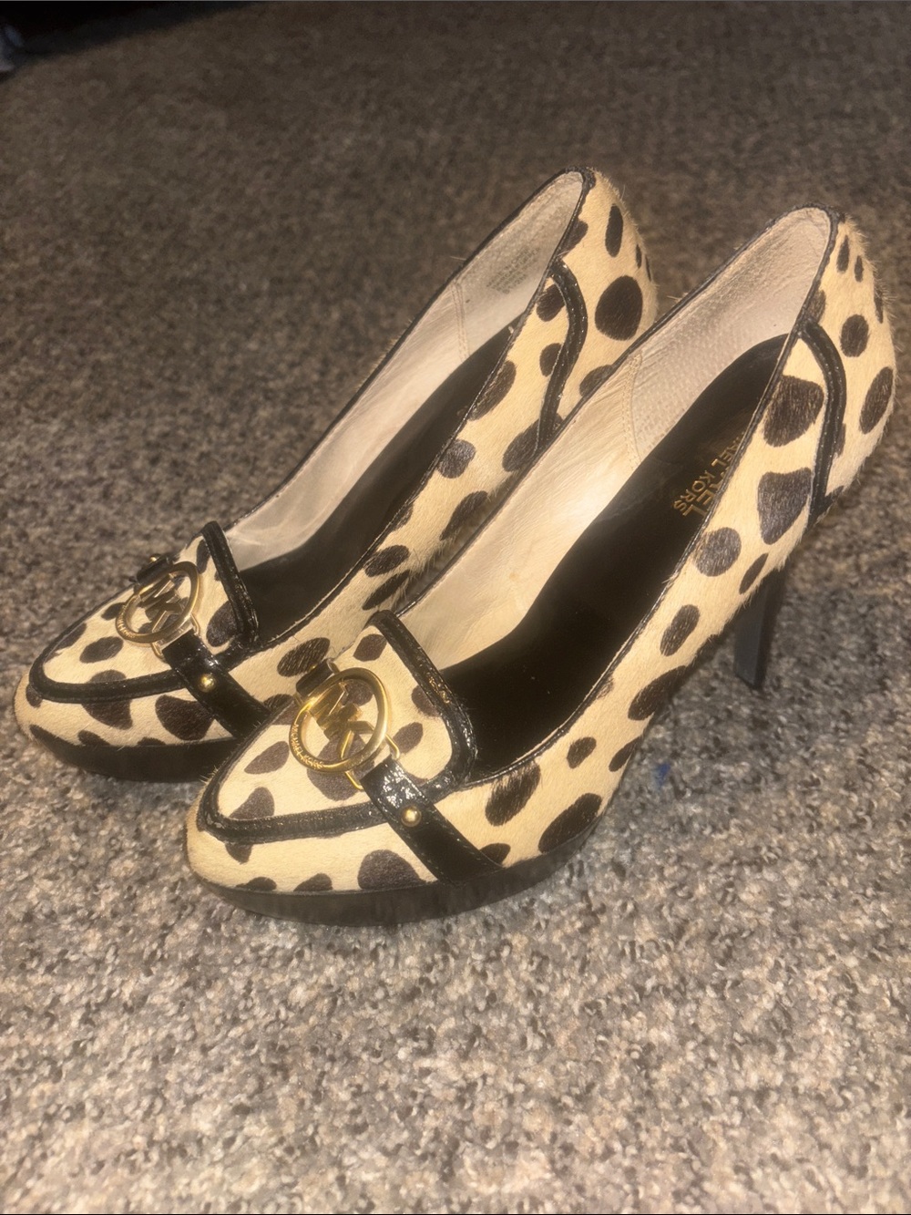 Michael Kors Leopard Pony-Hair Pointed Toe Pumps with Gold Logo